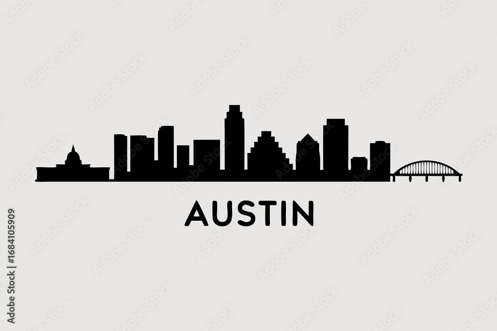 Naklejka premium Modern Austin city skyline vector illustration featuring iconic architectural landmarks and urban structures, perfect for travel and city-themed designs showcasing urban identity