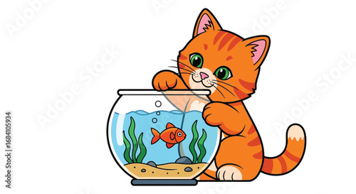 Curious Cat Playing with Fish in a Fishbowl