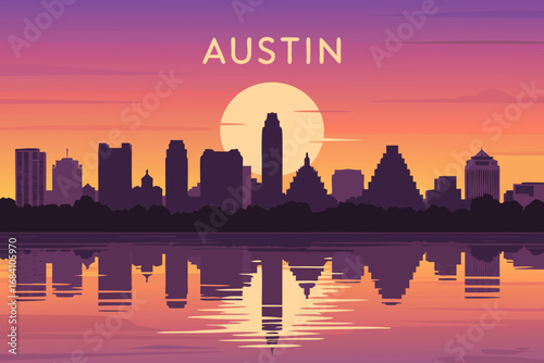 Dynamic vector illustration showcasing the iconic Austin skyline, with city buildings reflecting on tranquil water, set against a beautiful sunset