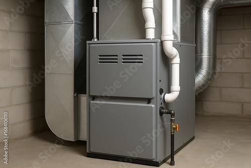 A modern gray furnace installed in a basement, featuring ductwork and ventilation pipes, designed for home heating.