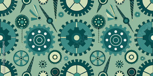 Intricate mechanical gears and clock hands create a dynamic, industrial pattern with a vintage feel