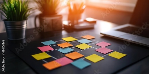 Plan Strategy With Colorful Notes And Laptop On Desk In Office And Sunlight