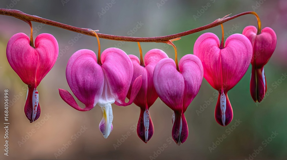 Fototapeta premium Heart-shaped flowers hang in a row, pink blooms with delicate detail. Soft focus, blurred background