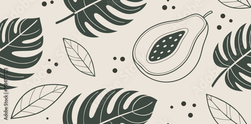 Exotic tropical leaves and papaya slices create a vibrant, natural pattern for summer themes and healthy living