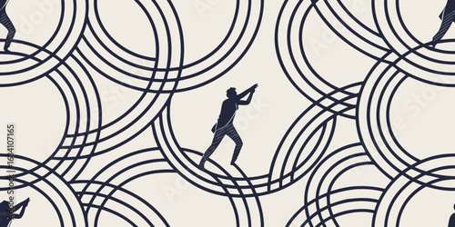 Determined businessman navigates complex challenges, striving towards future goals with focused ambition