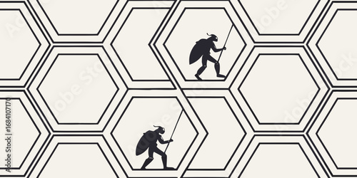 Mysterious insect warriors exploring a geometric hive structure, symbolizing teamwork and exploration.