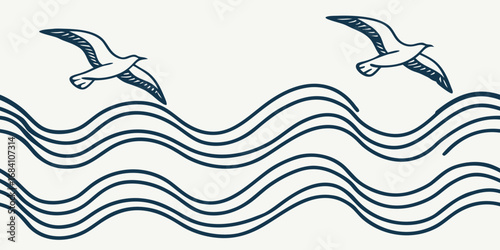 Graceful seagulls soar above flowing ocean waves, evoking freedom and coastal serenity