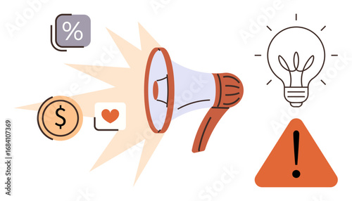 Megaphone emits icons including percentage, dollar, heart, lightbulb, and warning triangle. Ideal for advertising, marketing strategy, financial planning, innovation communication public awareness