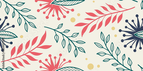 Charming floral pattern with delicate branches and leaves in pastel coral and teal hues