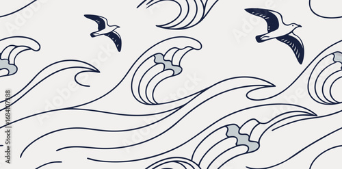 Seagulls soar above dynamic ocean waves in a classic blue and white maritime pattern