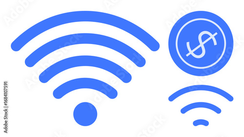 Blue wireless signal waves paired with dollar symbol indicating paid access, data pricing, or connectivity cost. Ideal for technology, finance, internet, wireless communication, service, expense