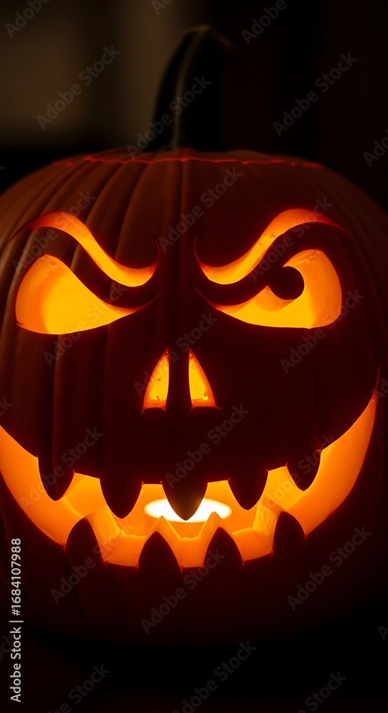 Fototapeta premium Glowing carved pumpkin face with spooky expression jack-o-lantern orange