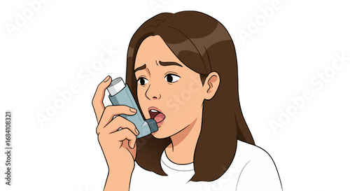 Young girl using asthma inhaler while looking concerned indoors  