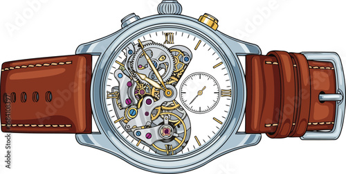 sophisticated mechanical wristwatch with brown leather strap detailed illustration