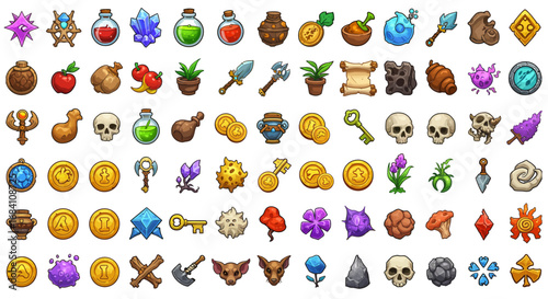 A collection of pixelated fantasy game icons, showcasing various items and treasures.