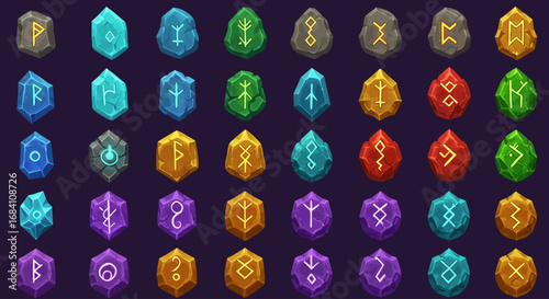 Collection of glowing fantasy runes and magic symbols in various colors, designed for role-playing and adventure video games, for game assets