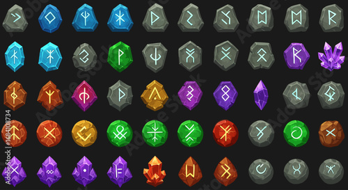 Collection of glowing fantasy runes and magic symbols in various colors, designed for role-playing and adventure video games, for game assets