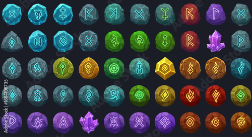 Collection of glowing fantasy runes and magic symbols in various colors, designed for role-playing and adventure video games, for game assets