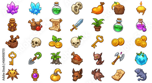 Icon set featuring fantasy RPG items such as potions, weapons, scrolls, coins, plants, and magical objects for video games.