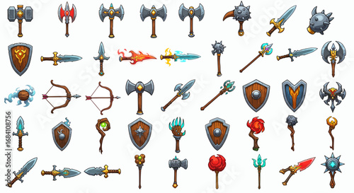 Collection of fantasy weapons including swords, axes, and magical staffs designed for adventure and RPG games.