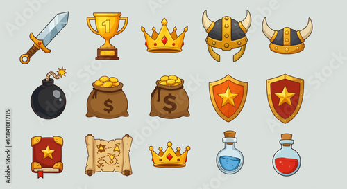 Set of stylized icons including coins, diamonds, hearts, swords, treasure chests, and stars for mobile or online games.