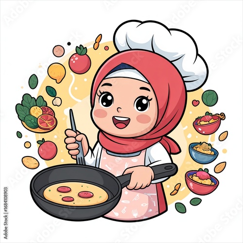 Cute Chef Girl Hijab holding a pan with Cartoon style. People Food Icon Concept with flat Cartoon Style