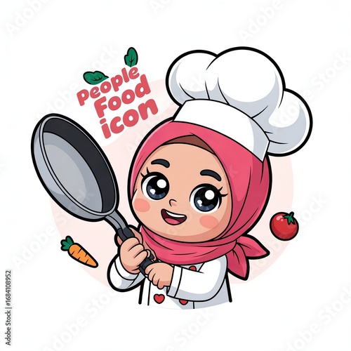 Cute Chef Girl Hijab holding a pan with Cartoon style. People Food Icon Concept with flat Cartoon Style