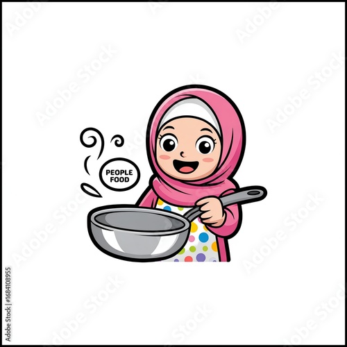 Cute Chef Girl Hijab holding a pan with Cartoon style. People Food Icon Concept with flat Cartoon Style