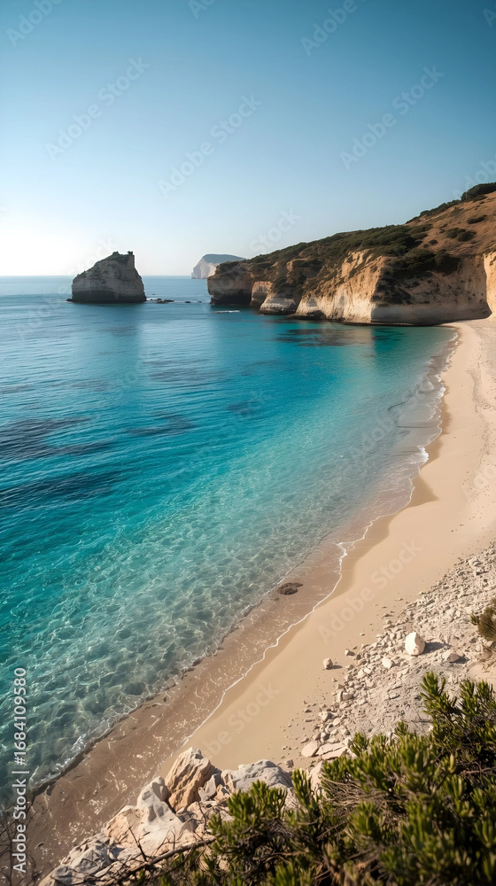 Obraz premium A turquoise wave washes onto a sandy beach under a blue sky, capturing the tropical seascape