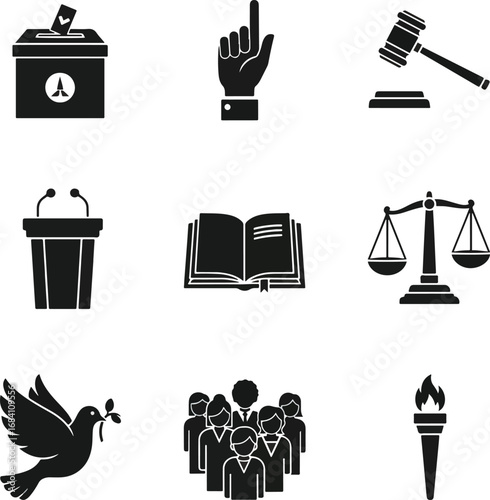 Democracy and Civic Engagement Silhouette Icon Set: Voting, Justice, and Freedom Symbols Democracy day