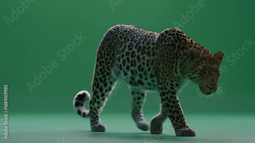 Leopard walking gracefully in front of a green background. Suitable for nature, wildlife, animalrelated designs, savannahthemed projects, and educational materials.
