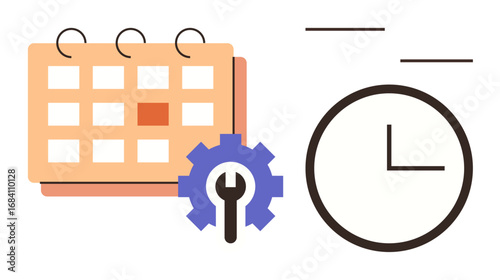 Calendar with marked date, clock, and gear with wrench emphasize planning, productivity, maintenance, and optimization. Ideal for scheduling, deadlines, organization workflow project management