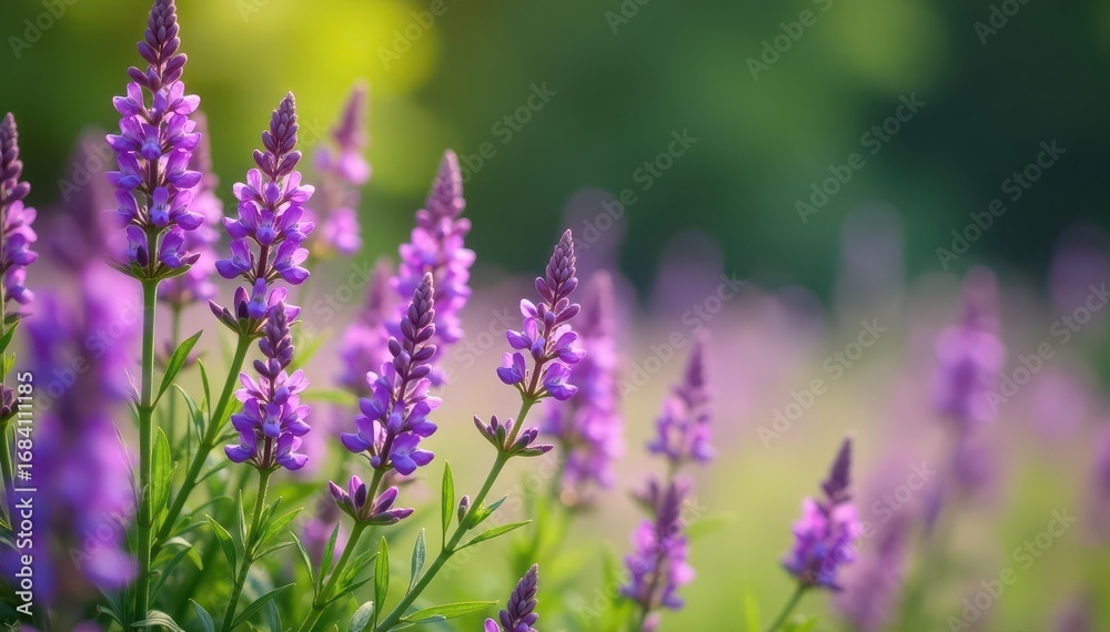 Obraz premium Dense cluster of vibrant purple wildflowers swaying in gentle breeze, garden, purple wildflowers