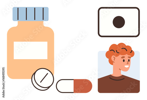 Prescription bottle with pills, tablet, and capsule alongside smiling patient profile and medical card. Ideal for healthcare, medication, prescriptions, health management, pharmacy, treatments