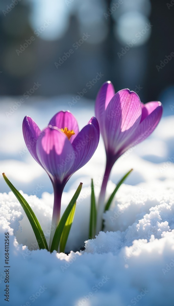 Fototapeta premium Delicate crocus blossoms emerge through melting snow , unexpected, springtime