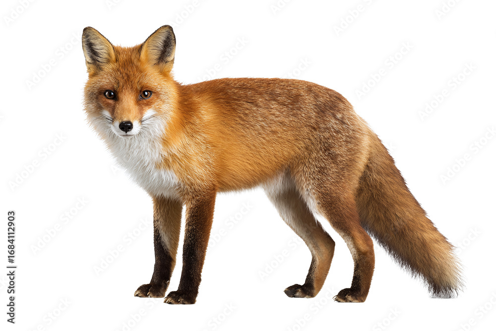 Fototapeta premium Red fox standing and looking at camera, isolated on white transparent background.