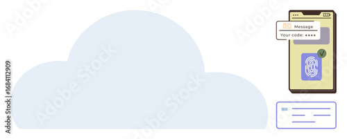 Cloud icon with a mobile device showing fingerprint authentication, verification code message, and secure login. Ideal for cybersecurity, data protection, online security, dual authentication