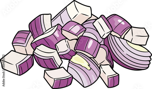 fresh purple onion cubes a culinary delight, detailed illustration of chopped vegetable
