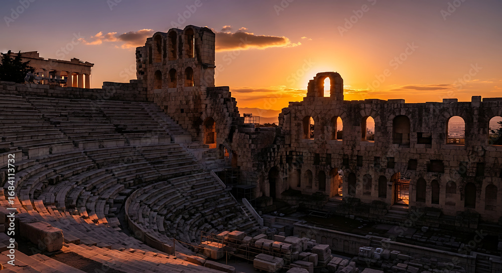 Fototapeta premium Ancient Greek Theatre at sunset, dramatic ruins, historical landmark.