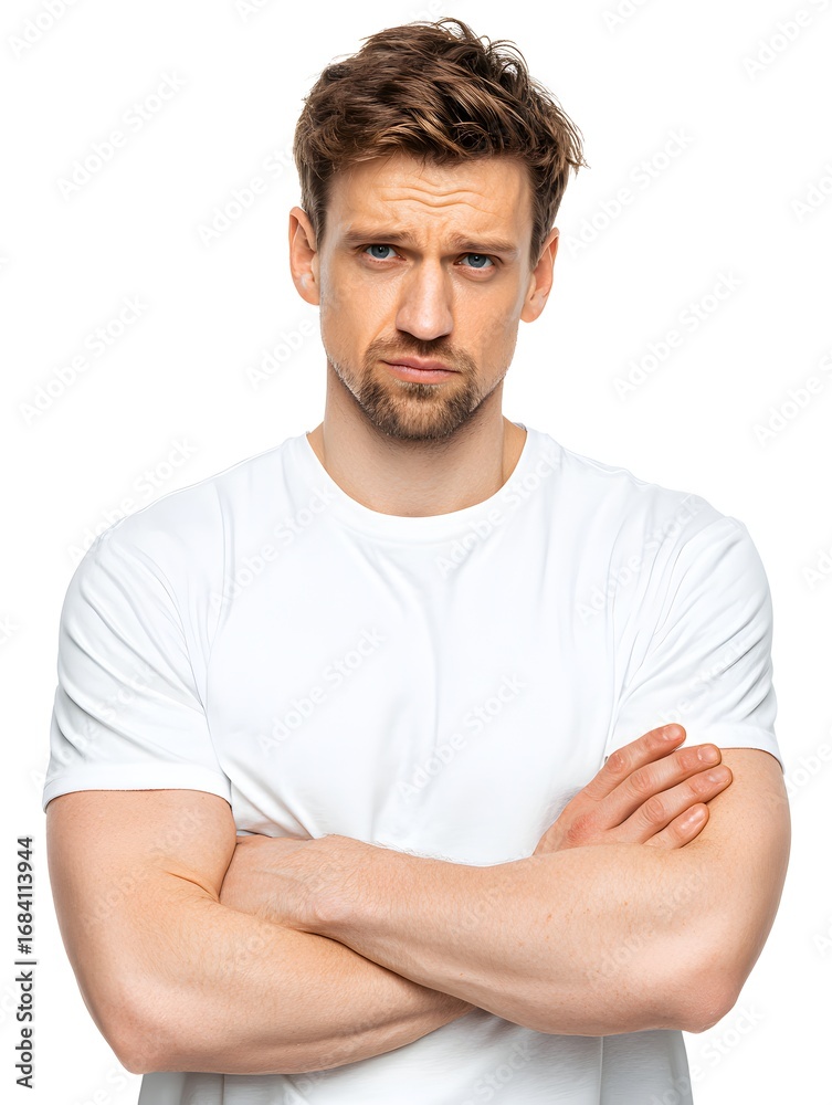Obraz premium A young man with a skeptical expression crosses his arms while wea a white t-shirt on a white backdrop.