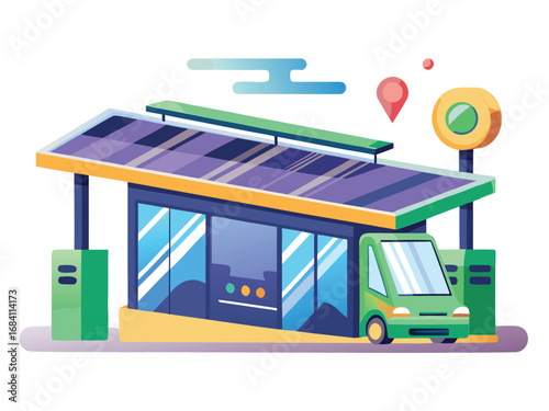 Modern solar powered smart bus stop with electric vehicle charging station
