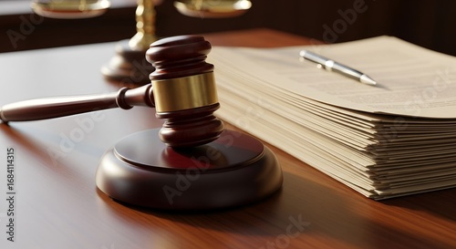 Courtroom scene showing a gavel on a wooden desk next to legal documents and a pen during a daytime hearing