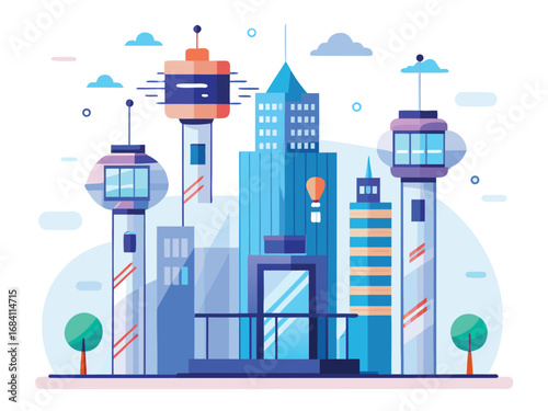 Modern cityscape with futuristic buildings and ai smart elevators in a vibrant scene