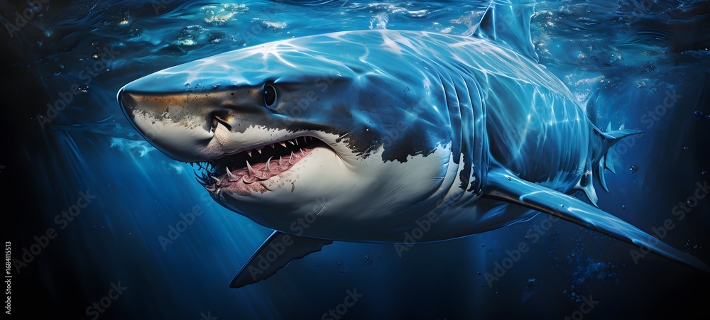 Naklejka premium The black background contrasts sharply with the bright blue silver light emitted by shark , generative AI