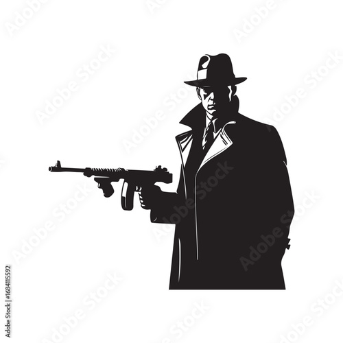 Silhouette of a man in a fedora and trench coat holding a submachine gun gangster mafia
