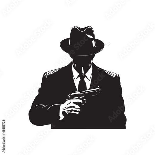 Black and white illustration of a man in a fedora and suit holding a pistol weapon