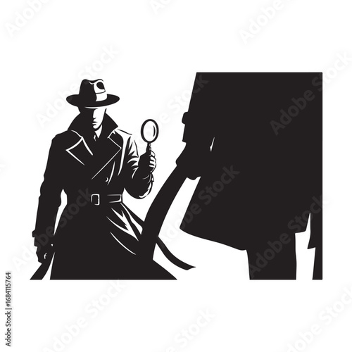 Silhouette of a detective in a trench coat and fedora holding a magnifying glass and examining a shadowy figure