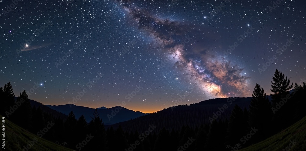 Naklejka premium Vast, starlit night sky blankets a dark, mysterious forest, countless stars twinkling above ancient trees, black, stars, woodland