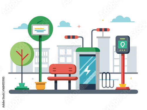 Modern smart street scene with charging station and digital information display