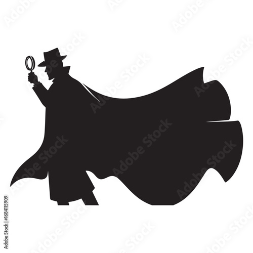 Silhouette of a detective in a fedora hat and trench coat holding a magnifying glass with a flowing cape